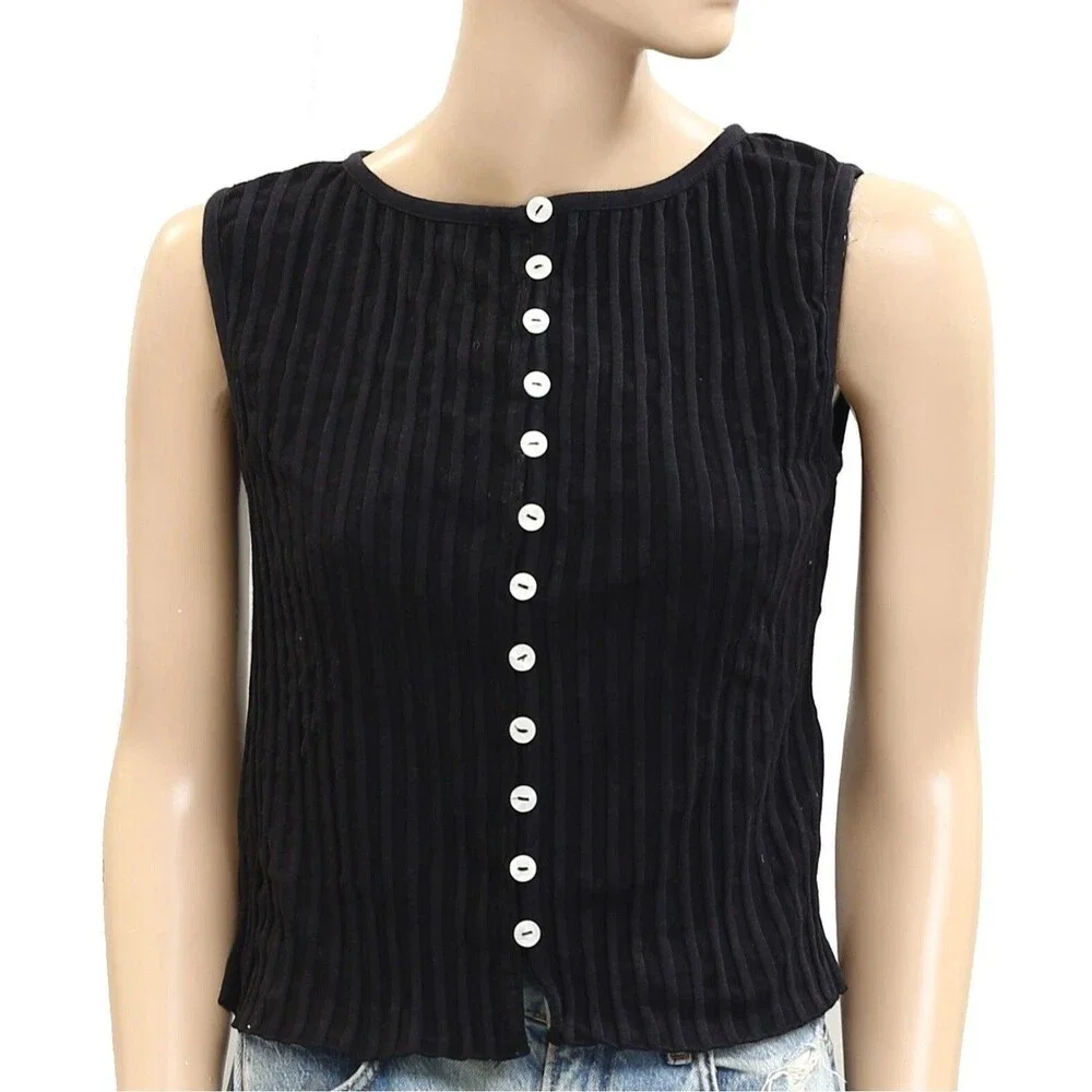 Free People Tilly Vest Blouse Top Black Ribbed Buttondown Scoop-Neck S 289392